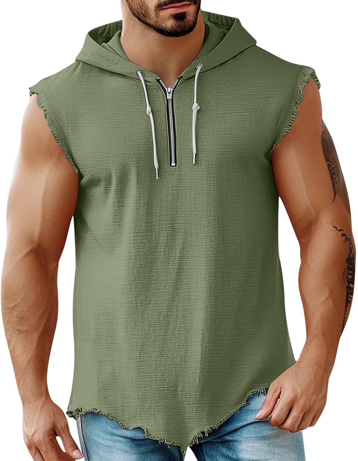 Cotton Linen Shirts for Men, Quarter Zip Sleeveless Hooded Blouse | Relaxed Fit, Sleeveless Hooded, Modern Quarter Zip Tank, Textured Woven Pattern, Outdoor Leisure Outing