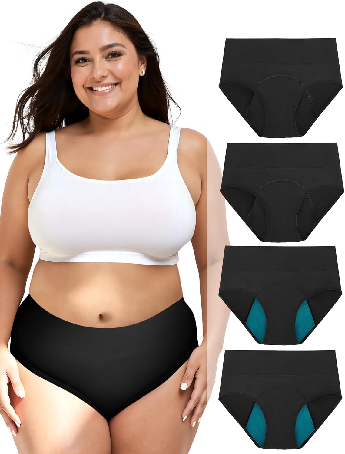 TIICHOO Period Underwear for Women Plus Size High Waisted Leak Proof Menstrual Postpartum Briefs XL-5XL Pack of 4