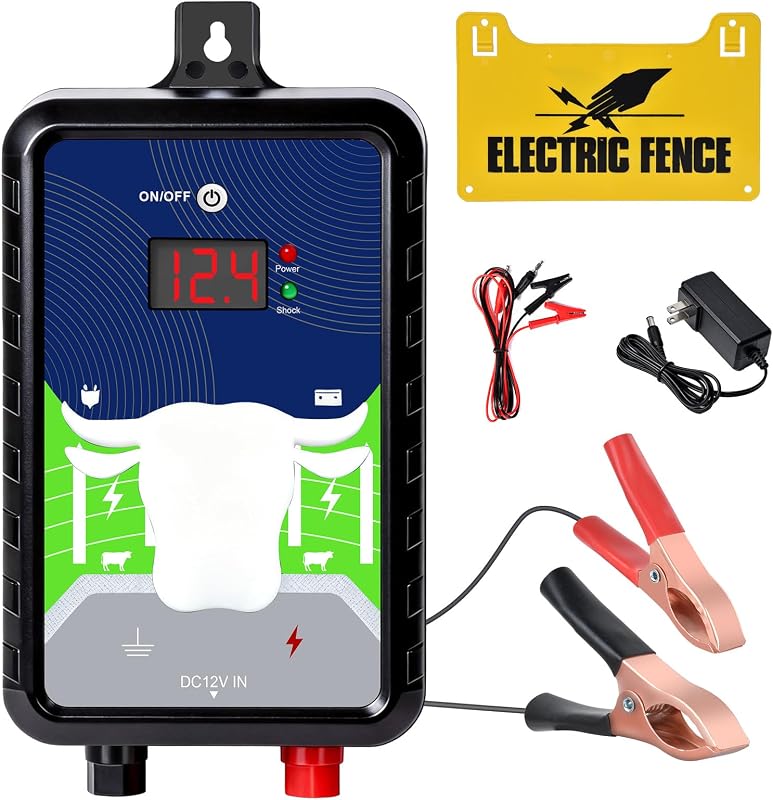 12KV DC AC Powered Electric Fence Charger, 15 Miles 4 Joules Pulse | Waterproof EF-03 Fence Kit for Livestock & Farm, Includes Warning Signs, LED Indicator, for Animals Poultry Ranches Gardens