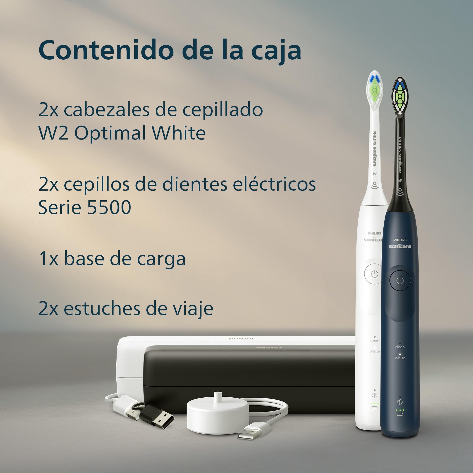 Philips Sonicare 5500 cepillo dental eléctrico, sónico con 2 modos, alerta de presión, EasyStart, SmarTimer, blanco y azul marino, paquete de 2, modelo HX7119/01 [Nueva Tecnología]