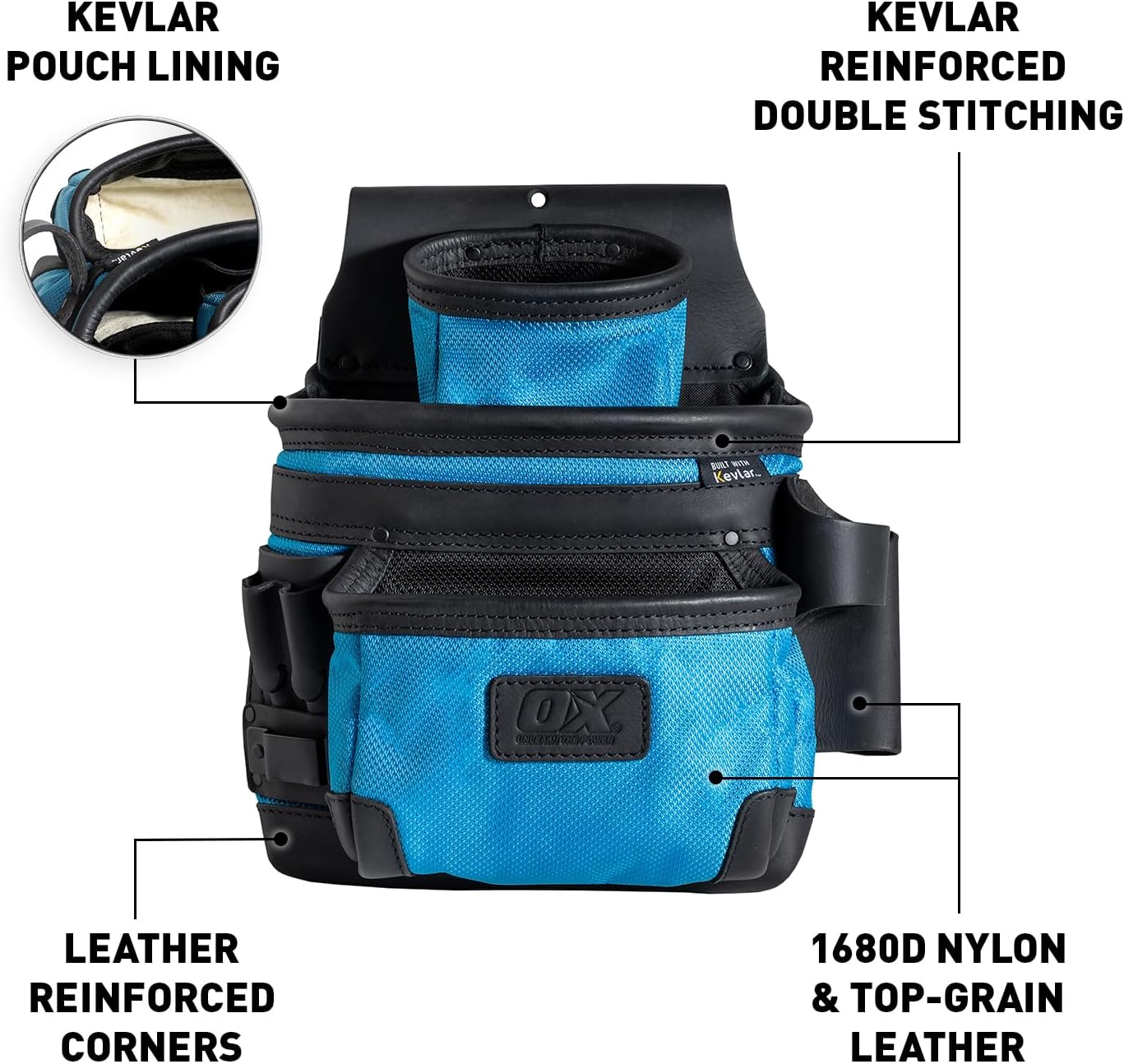 OX Tools Ultimate 3 Pocket Leather & Nylon Fastener Pouch, Top-Grain Leather & Kevlar Reinforcements