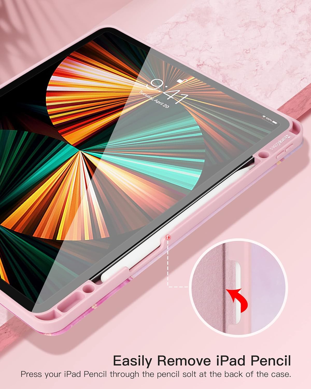 ZtotopCases Custodia per iPad Pro 12.9 di 5a/6a generazione 2021/2022 con portamatite, cover posteriore in TPU morbida, custodia antiurto robusta con spegnimento automatico/sveglia, rosa marmo