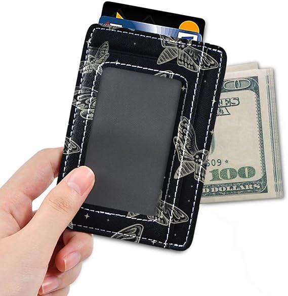 Slim Minimalist Wallet Gothic Skull Butterfly Moth RFID Blocking Leather Credit Card Holder Front Pocket Card Cases with ID Window for Men & Women