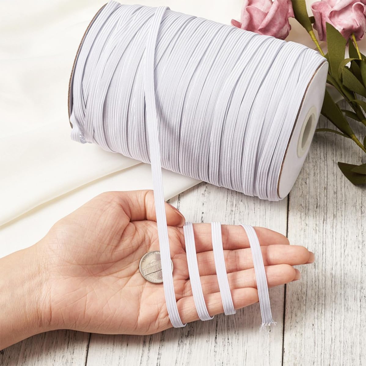 YARNOW 1 Roll 91m White Polyester Elastic Band for Sewing with High Stretch and Easy to Cut Features, for Face Mask Straps, Clothing Accessories, and Crafting Projects