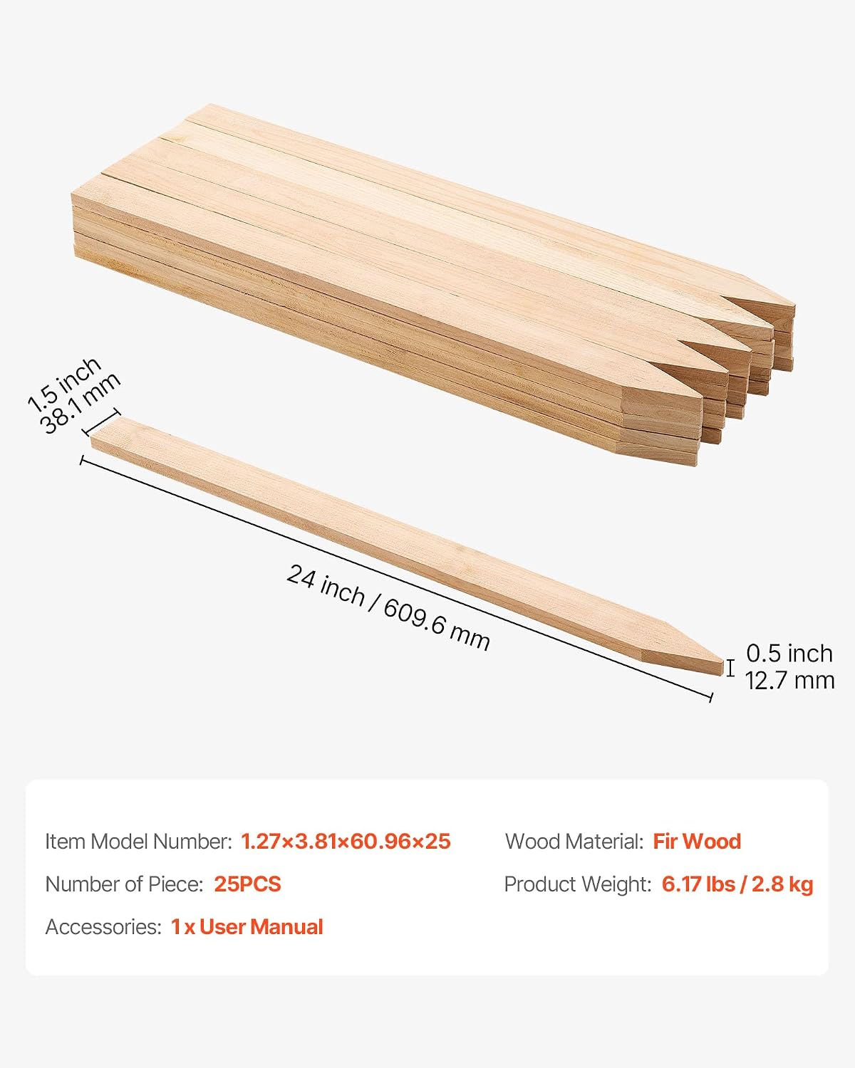 VEVOR Wooden Garden Stakes, 25 Pcs 24 x 0.5 x1.5 in Survey Grading Stakes, Garden Ground Stake with Sharp Point, Fir Wood Plant Support Stake, Sign Posts for Silt Fence Backyard Boundaries Baselines