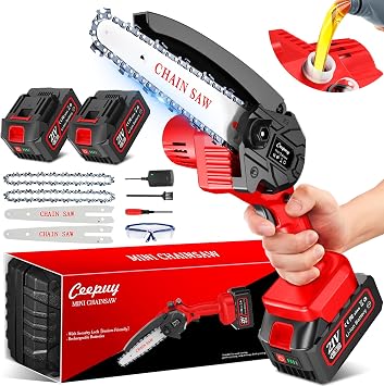 Mini Kettensäge 6 Zoll mit Akku 2 x 4000 mAh, Akku Kettensäge mit Automatischer Öler, Handkettensäge Akku für Gartenscheren Astschere Holzschneidenz