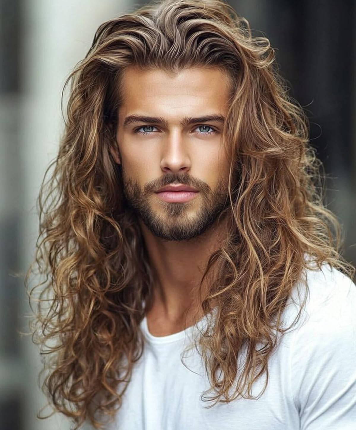 Long Curly Wavy Brown Wig for Men Synthetic Rocker Punk Halloween Cosplay Hair Wig
