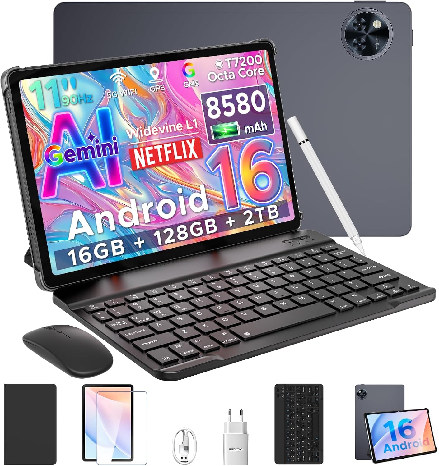 DOOGEE U11 Android 16 Tablet con Teclado y Lápiz, Tablet 11 Pulgadas 16GB+128GB/2TB 8580mAh, Gemini AI Octa Core Tablets Infantil, Widevine L1/13MP+5MP/5G WiFi/GMS/Face ID/GPS Tableta Gaming