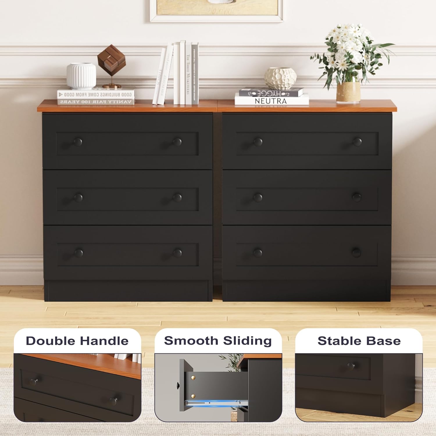 3 Drawer Dresser for Bedroom, Small Chests of Drawers, Farmhouse Wood Nightstand Bedside Cabinet End Table, Modern Closet Storage Organizer for Bedroom, Black