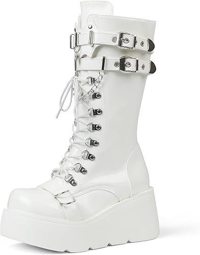 Women's Black Platform Boots Wedge Combat Gothic Chunky Heel Lace Up Mid Calf Punk Motorcycle Shoes