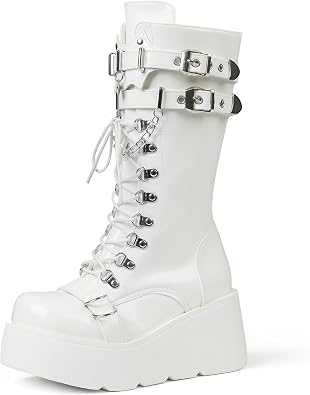Womens Black Platform Boots Wedge Combat Gothic Chunky Heel Lace Up Mid Calf Punk Motorcycle Shoes