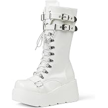 Women's Black Platform Boots Wedge Combat Gothic Chunky Heel Lace Up Mid Calf Punk Motorcycle Shoes