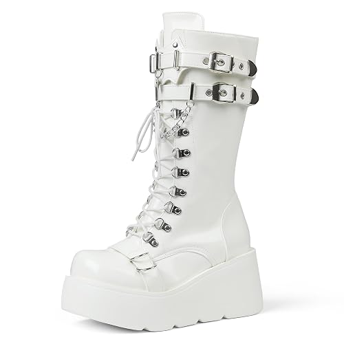 Yremael Women's Black Platform Boots Wedge Combat Gothic Chunky Heel Lace Up Mid Calf Punk Motorcycle Shoes - 6.5 - 2 White Patent
