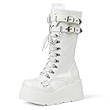 Women's Black Platform Boots Wedge Combat Gothic Chunky Heel Lace Up Mid Calf Punk Motorcycle Shoes