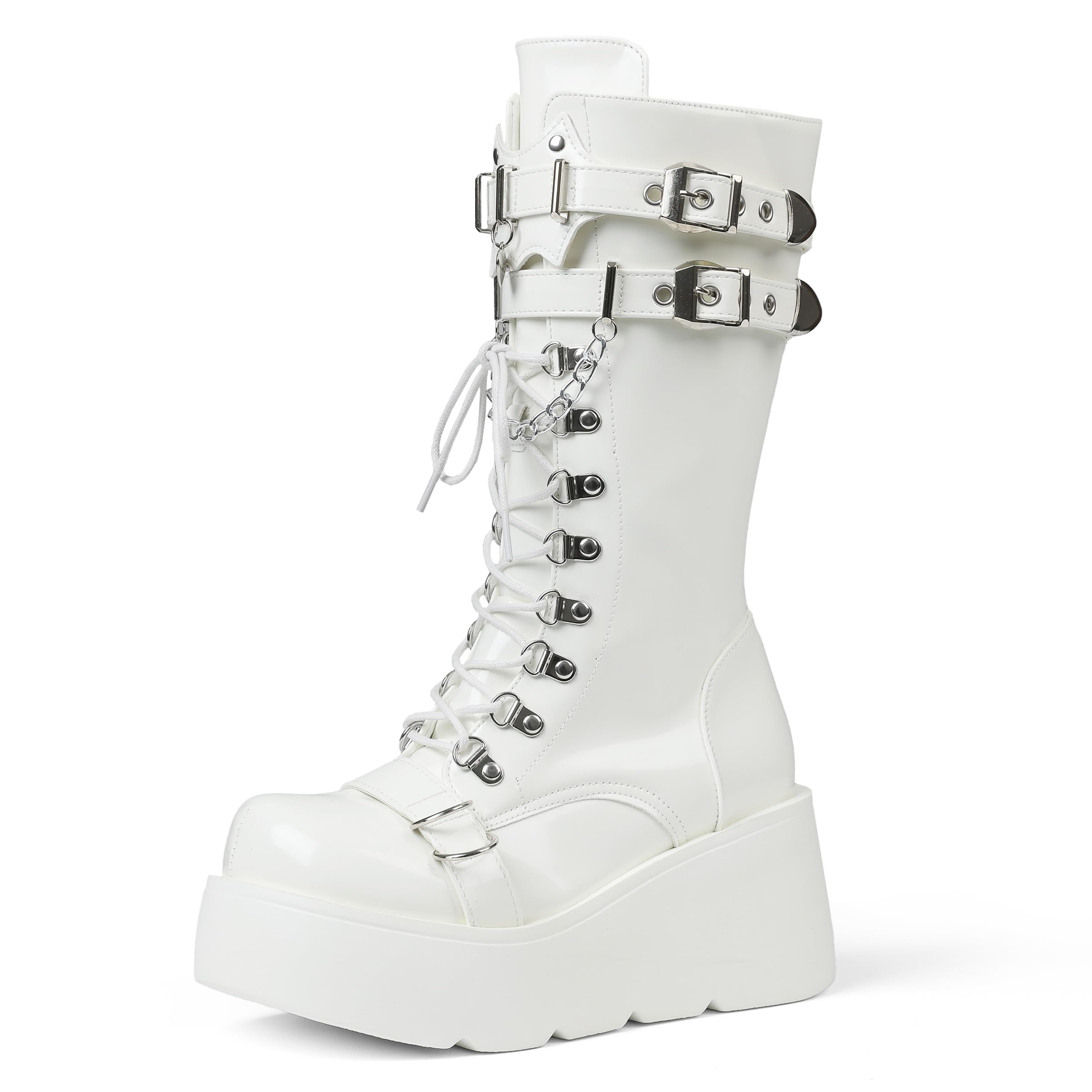 Women's Black Platform Boots Wedge Combat Gothic Chunky Heel Lace Up Mid Calf Punk Motorcycle Shoes