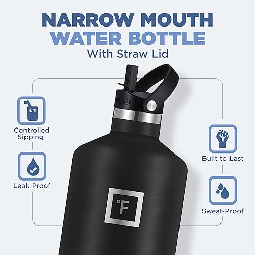 Miniatura 10 de IRON FLASK Botellas de agua de campamento o senderismo, 3 tapas (tapa estrecha con popote), sin fugas, aisladas al vacío, acero inoxidable de doble
