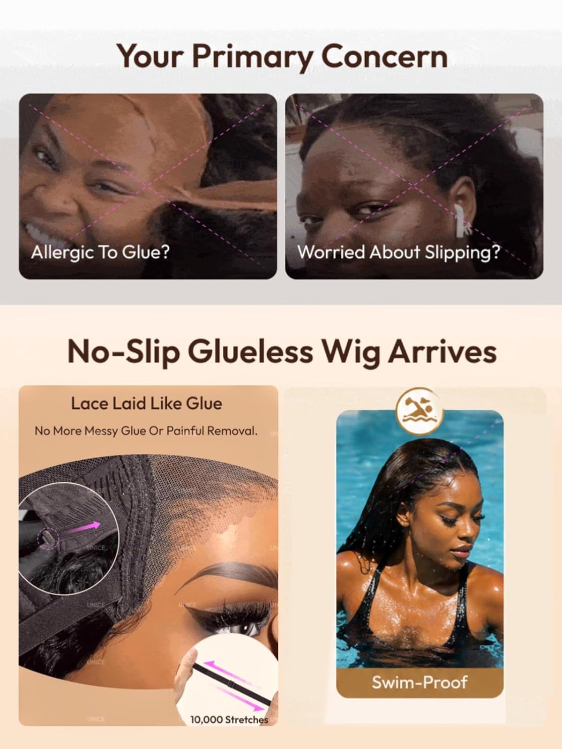 UNICE Bye Bye Knots Glueless Wig Pre Plucked Pre Cut Water Wave 7x5 Lace Front Wigs Human Hair Wet and Wavy Put on and Go Glueless Human Hair Wig 150% Density 18 inch