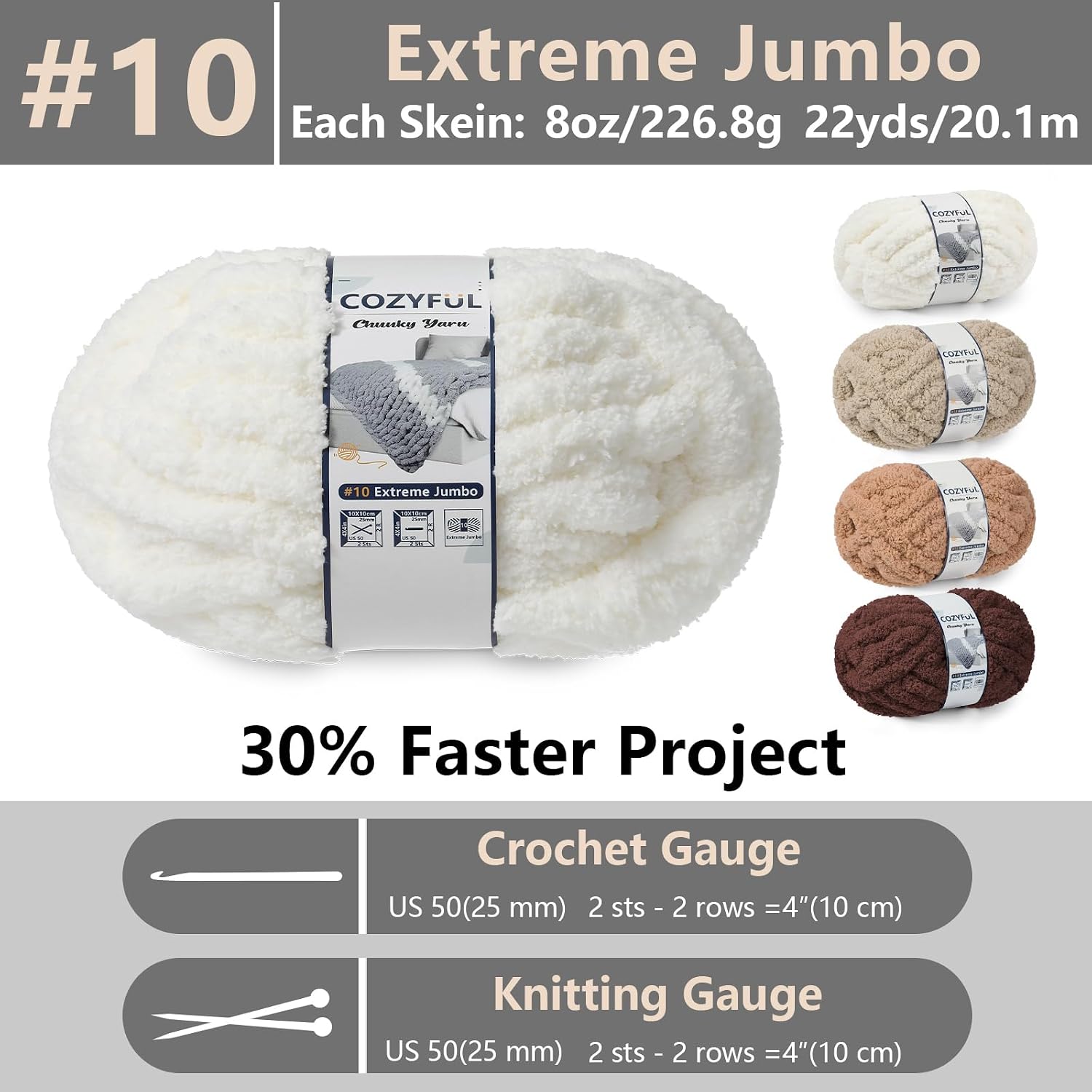 Cozyful Chunky Yarn for Hand Knitting - #10 Chunky Chenille Yarn, Jumbo Big Thick Chunky Yarns for Crocheting, Super Bulky Chunky Knit Blanket Yarns, 8 Skein (22yd, 8oz/Skein), Cream & Multi Coffee thumbnail
