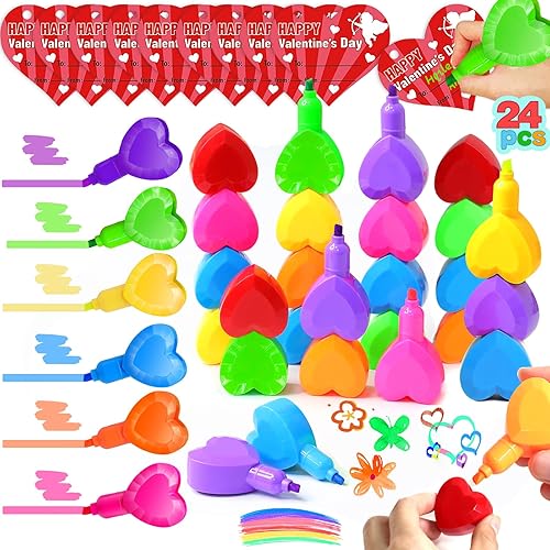 Paquete de 24 tarjetas del día de San Valentín con rotuladores, regalos del día de San Valentín para niños en el aula, 6 colores apilables,