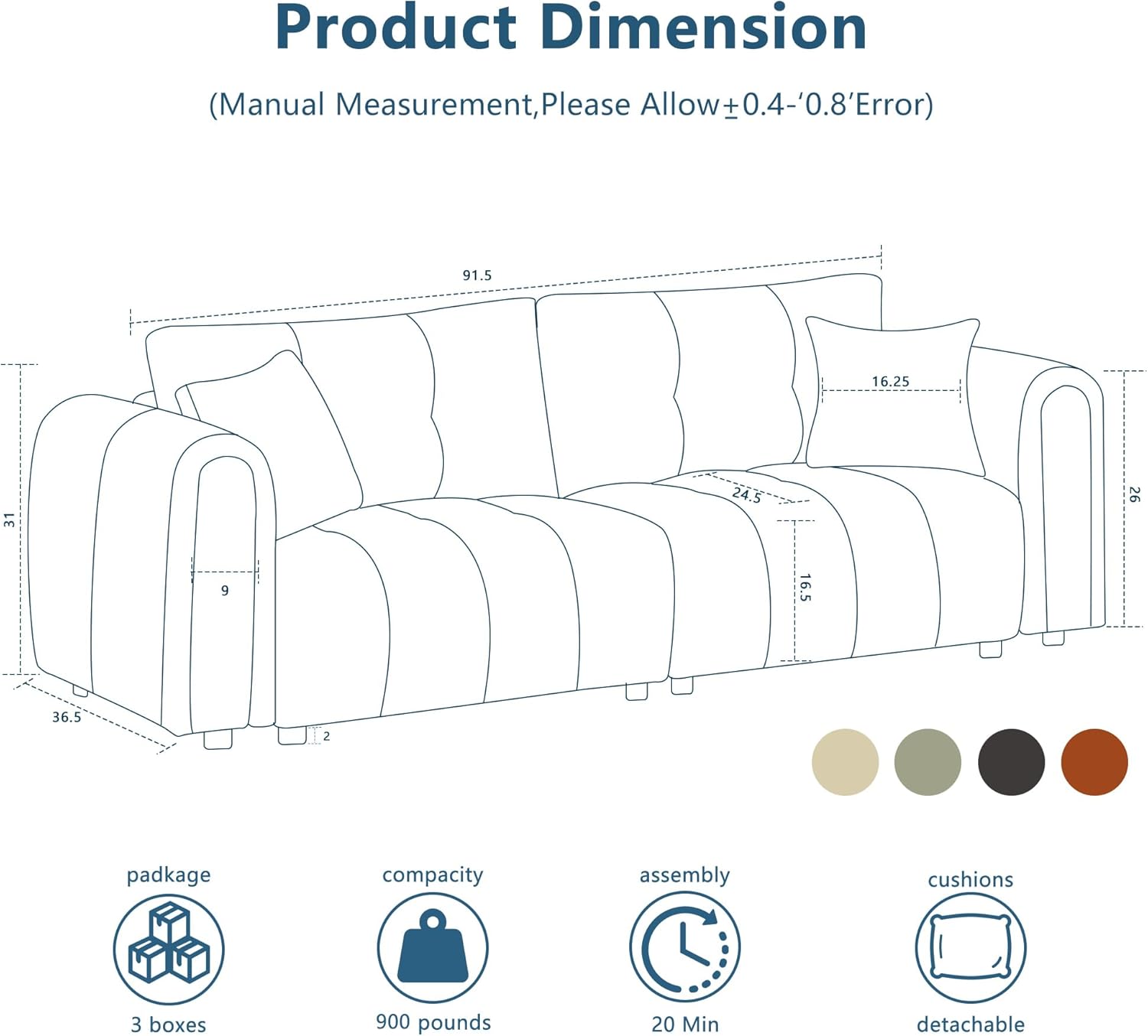 91.5” Couches for Living Room 3 Seater Loveseat Sofa Couch Oversized Upholstered Deep Seat Couch for Bedroom,Apartment (Light Green, 91.5")