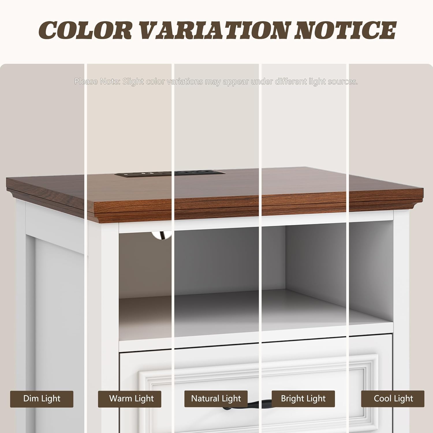 Alohappy Farmhouse Nightstand with 2 Drawers, Wood Night Stand with Charging Station Modern End Side Table for Bedroom(White+Brown, 1)