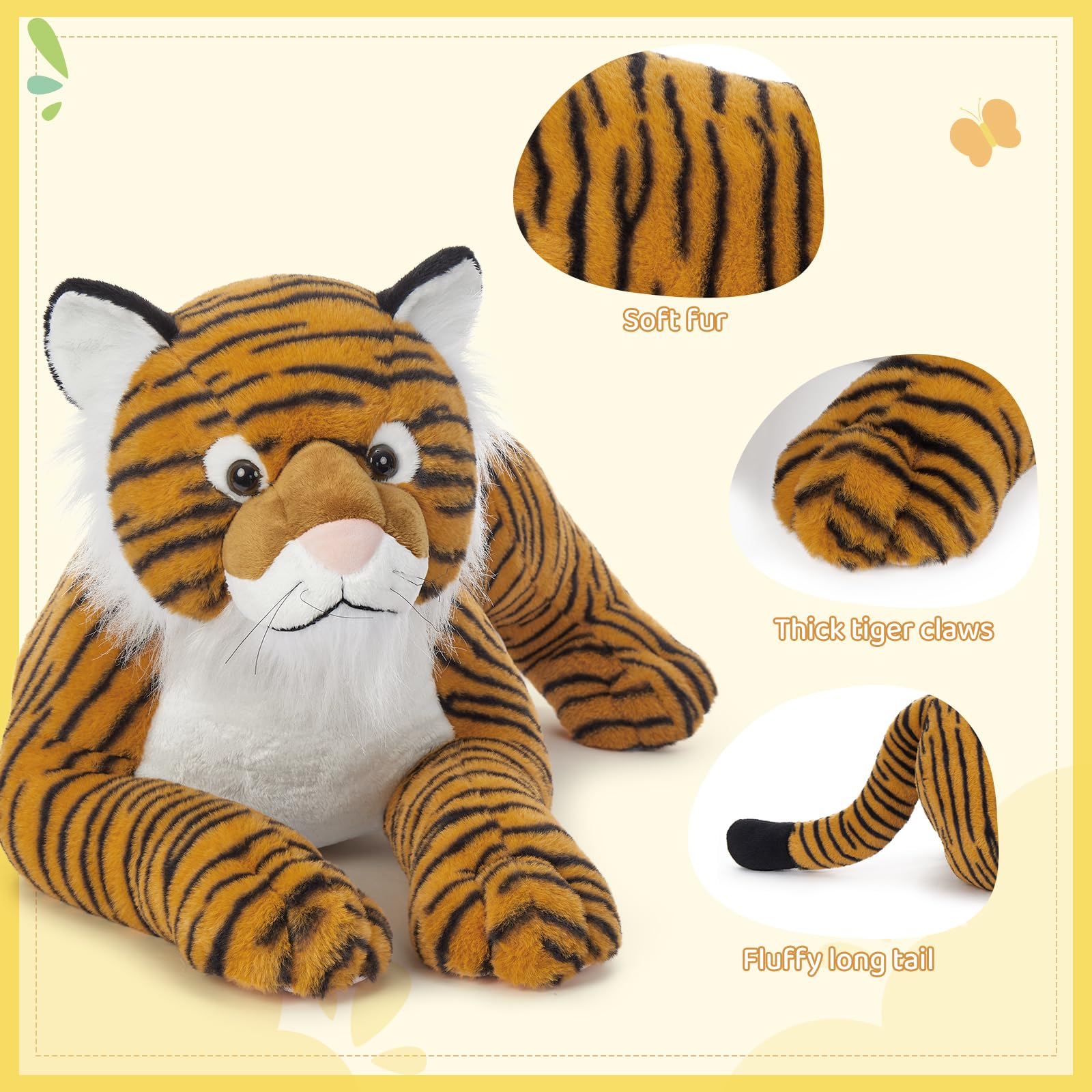 KERTA 43.3inch Giant Tiger Stuffed Animal, Hugging Soft Tiger Plush Body Pillow for Boys Girls, Realistic Large Stuffed Tiger Plush Toy Gift for Christmas Birthday Decor 6