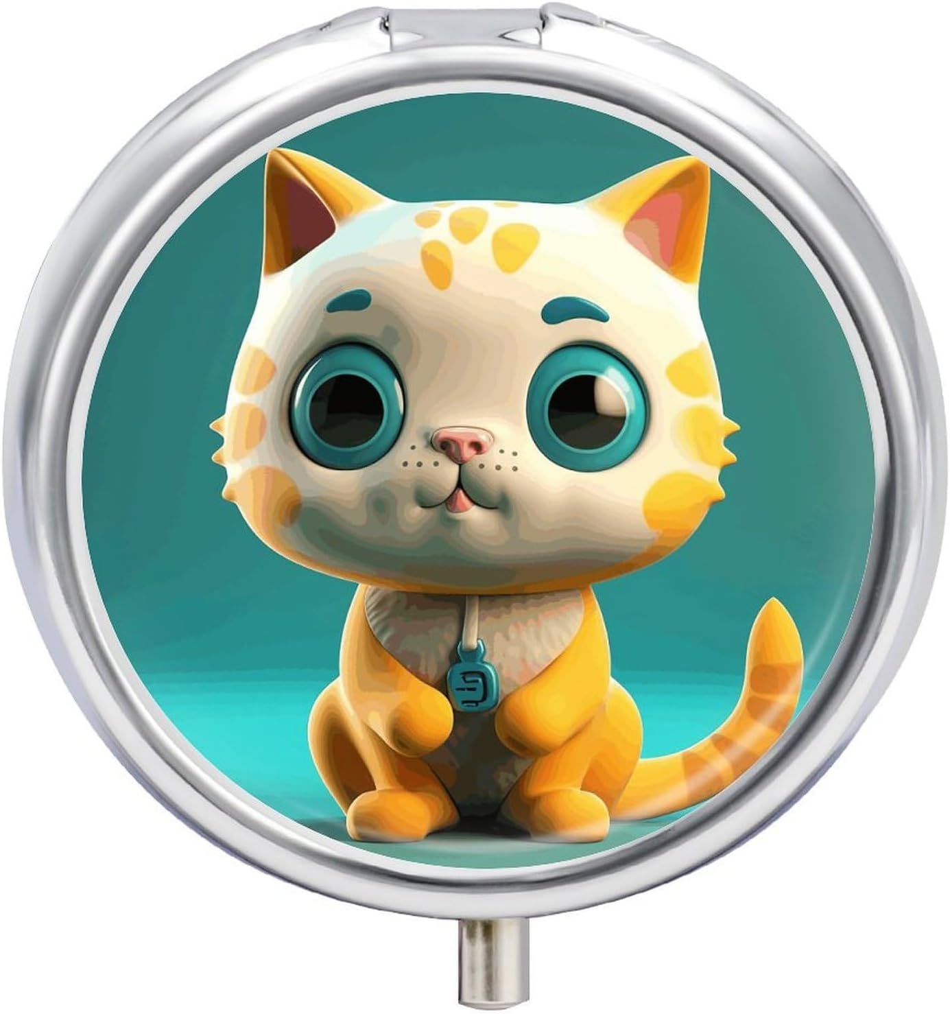 Blue Eyes Cat Pill Box – 3 Compartment, Round Metal Pill Case with Mirror, Portable Medicine Holder for Purse/Wallet/Travel