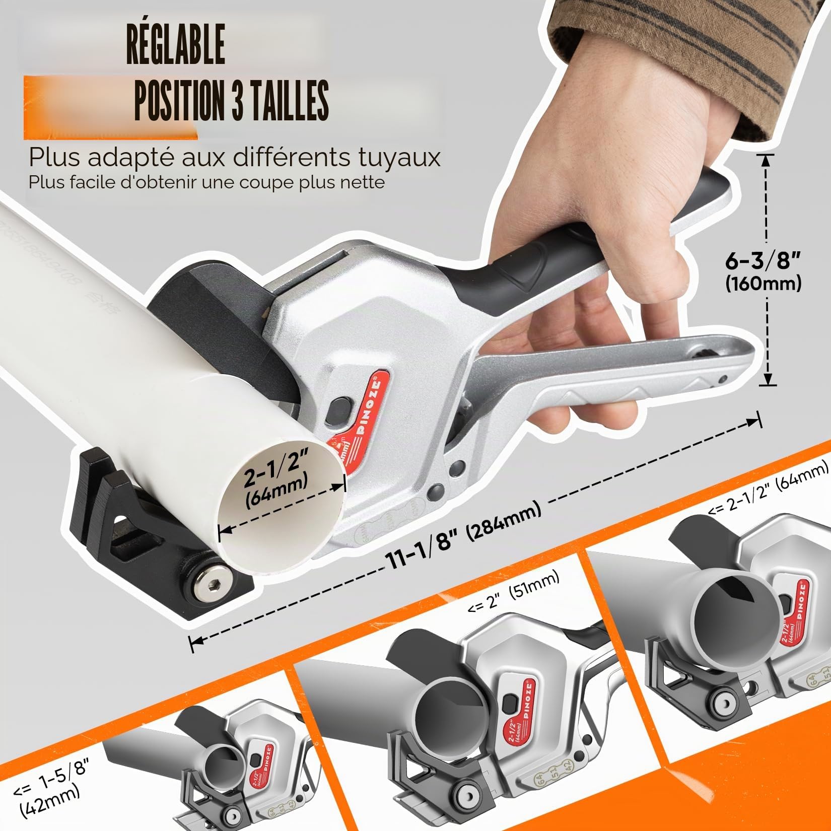 PINOZE Coupe-tuyau PVC, 3 vitesses réglables coupe jusqu'à 6,35 cm (2-1/2"), outil coupe-tuyau à cliquet robuste pour PVC, PPR, PE, PEX, tuyaux plastique et tuyaux de plomberie avec lame SK5 revêtue