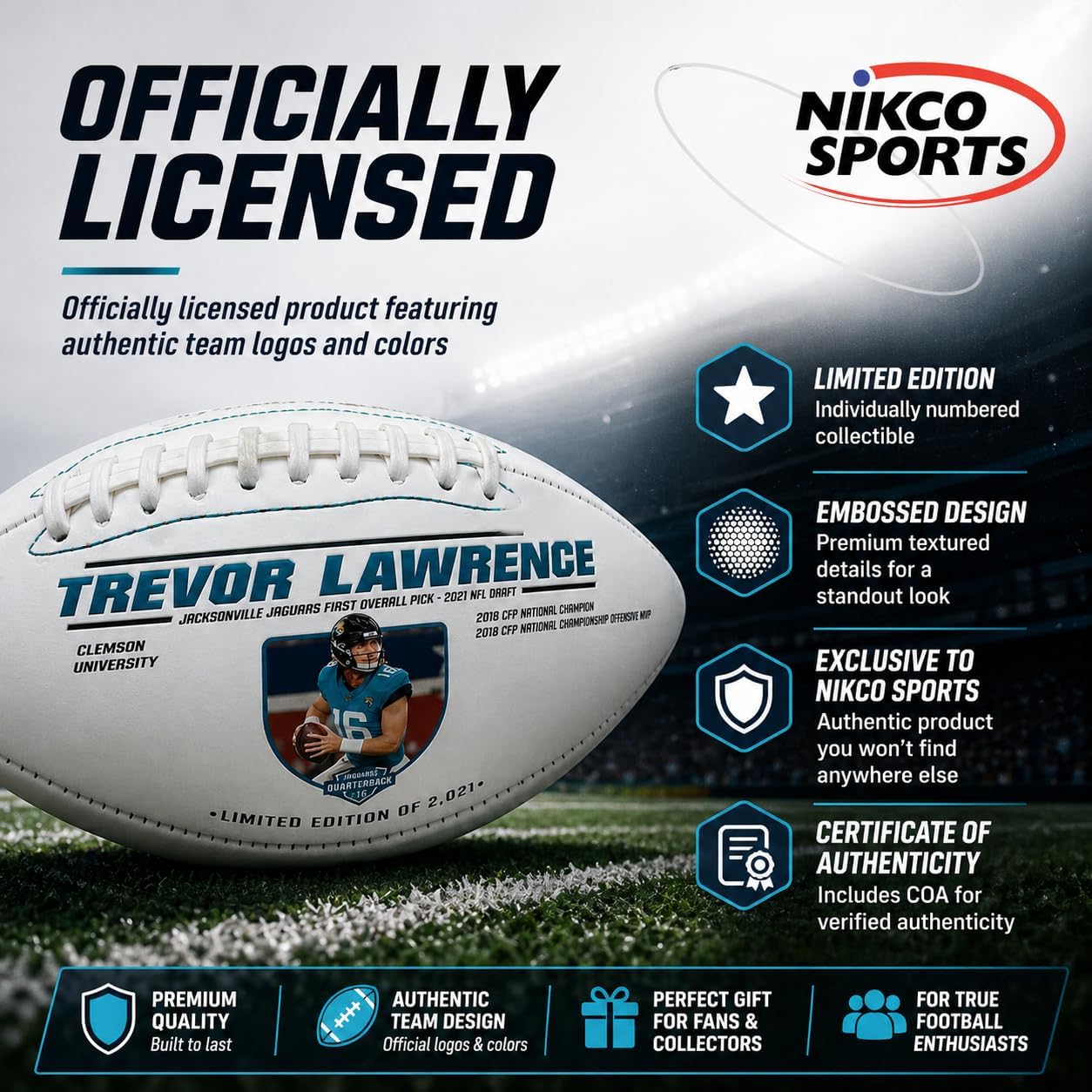 NIKCO SPORTS Trevor Lawrence Jacksonville Jaguars Football | Limited Edition of 2,021 | Officially Licensed NFL Rookie Season Collectible Gift Fan Sports Memorabilia with Certificate of Authenticity