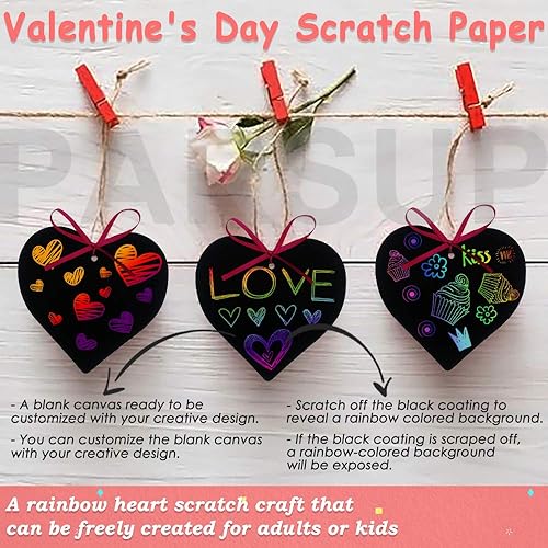Miniatura 3 de Papel para rascar para el día de San Valentín, 96 piezas de arte arcoíris en forma de corazón con lápices y cintas de madera para niños, artes