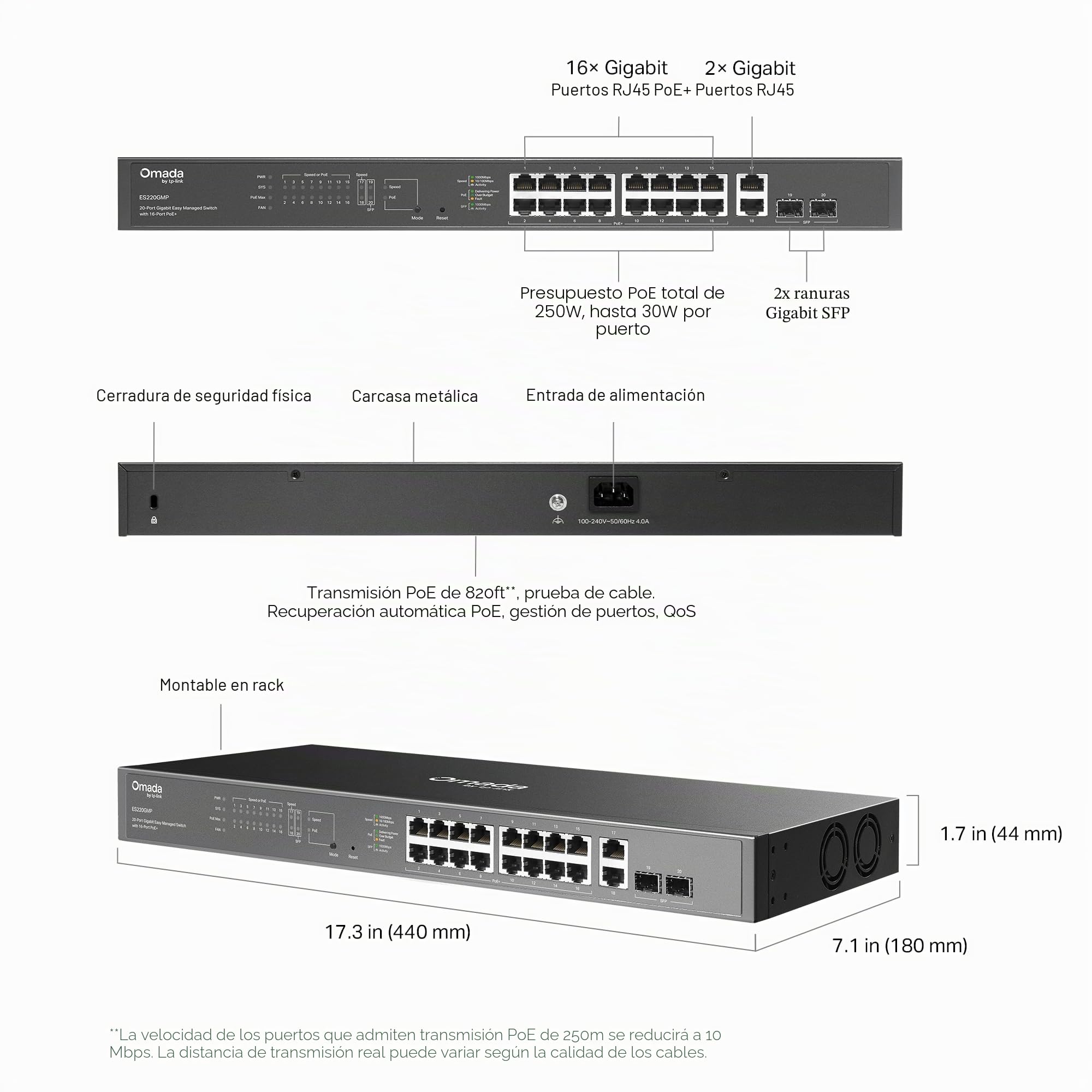 TP-Link Switch Gigabit PoE de 16 puertos (ES220GMP) | 16 puertos PoE+, 2 puertos de enlace ascendente, 2 puertos SFP | Presupuesto de 250 W | Omada Free Easy Remote Cloud Managed | VLAN, ZTP, PoE Auto