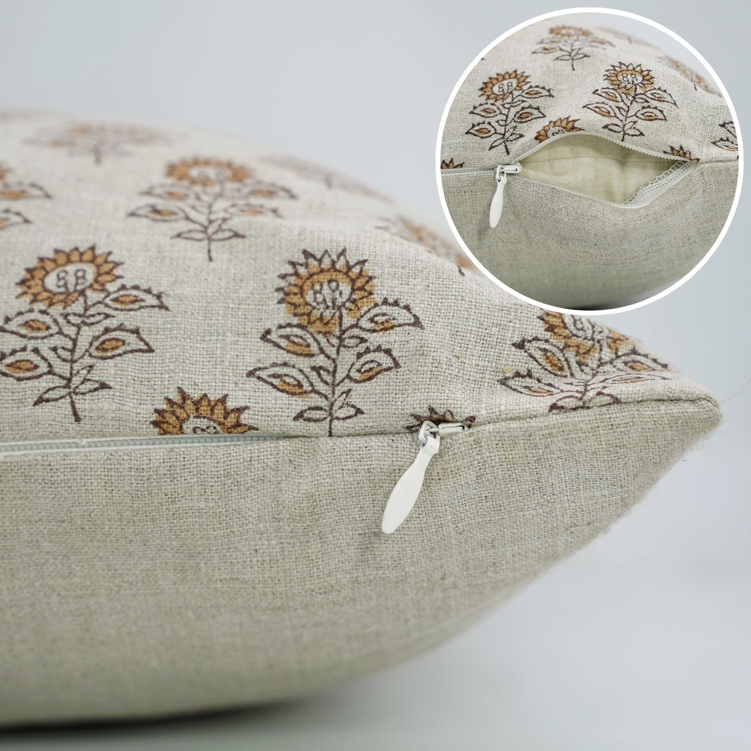 Pure Linen Handmade Unique Mustard Block Floral Print 14x14 Inch Design Pillow Cover Décor for Bedroom, Living Room, Sofa & Couch-Bagru Buti