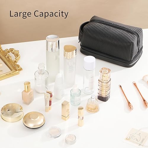 Miniatura 3 de Bolsa de maquillaje, bolsa de viaje grande de doble capa impermeable con asa y compartimento para cepillos para mujeres, Verde, Color puro