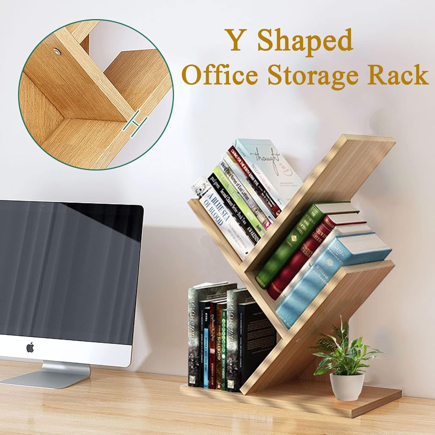 VOVCIG Tree Bookshelf 3 Shelf Desktop Organizer Y Shaped Office Storage Rack Adjustable Wood Display Shelf Small Bookshelf for Bedroom Home Office(Light Yellow)