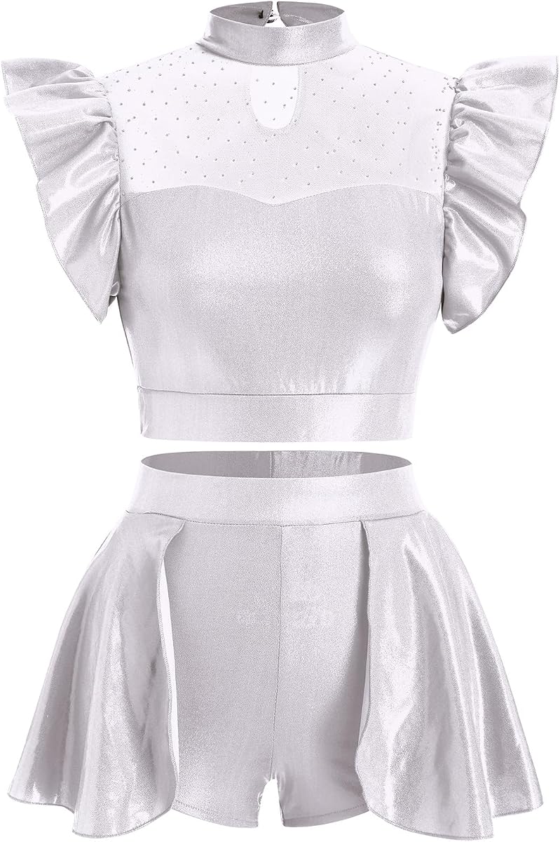 ODASDO Traje de baile de dos piezas para mujer, ropa de baile metálica brillante, camisetas cortas con mangas aleteadas + conjunto de pantalones cortos con falda