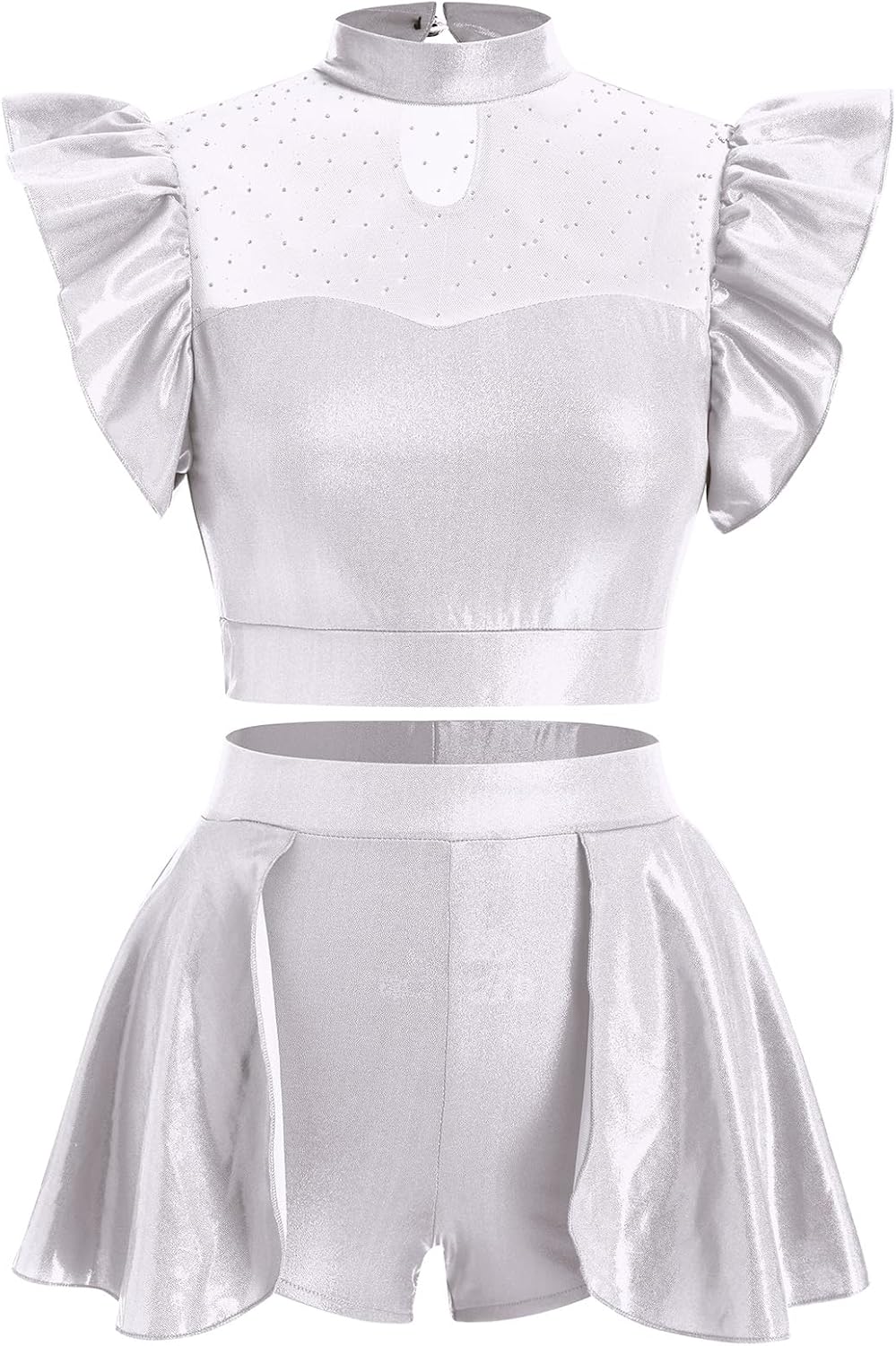 Women Metallic Dance Dress Ruffle Sleeve Crop Top Mini Dance Short Half Skirt Adult Ballerina Lyrical Dance Costume