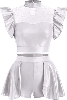 Women Metallic Dance Dress Ruffle Sleeve Crop Top Mini Dance Short Half Skirt Adult Ballerina Lyrical Dance Costume