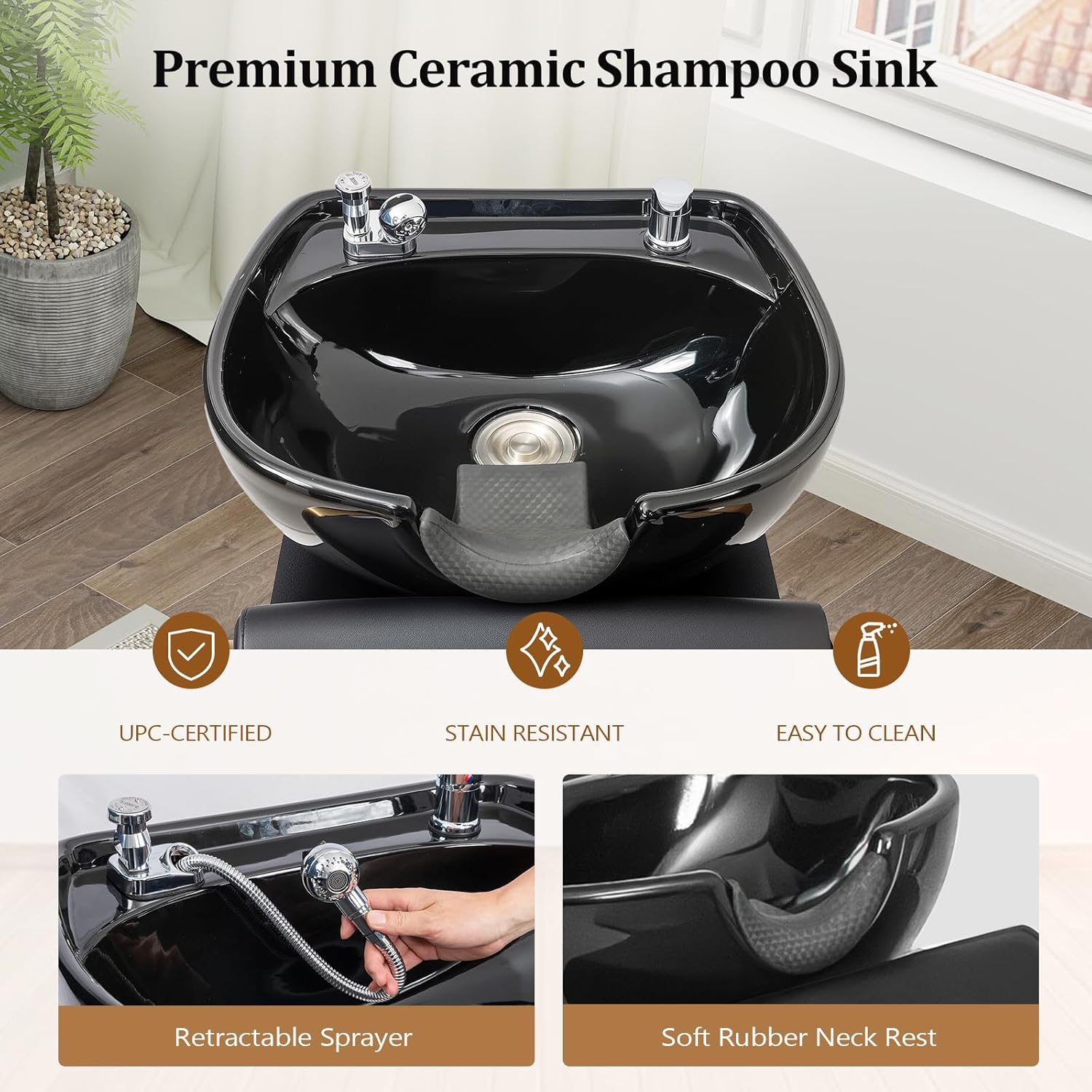 OmySalon Shampoo Chairs for Salon, Stainless Steel Frame & UPC Certified Shampoo Bowl & Footrest, Hair Washing Station, Backwash Unit for Beauty Spa Barbershop, Black and Gold