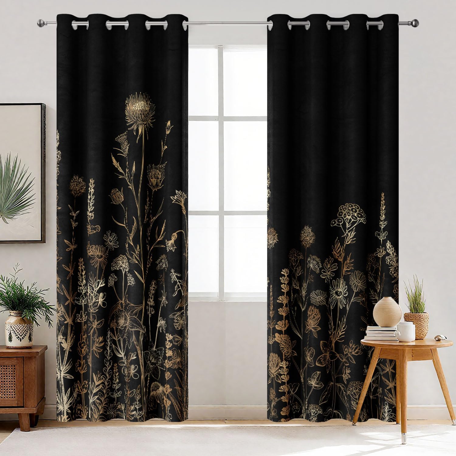 Vintage Black and Gold Boho Blackout Curtains, Black and Tan Cream Floral Aesthetic Dark Wildflower Botanical Flowers Grommet Drapes 2 Panels, Farmhouse Chic Window Panels Darkening Curtain, 52x84