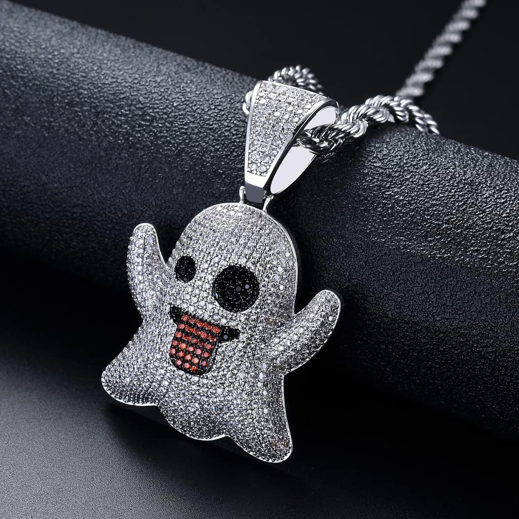 Iced Out Necklace for Men- Ghosts Sticking Out Their Tongues Hip Hop Pendant -18K Real Gold Plated Copper Micro Inlaid Colorful Zircon With Rope Chain Jewelry