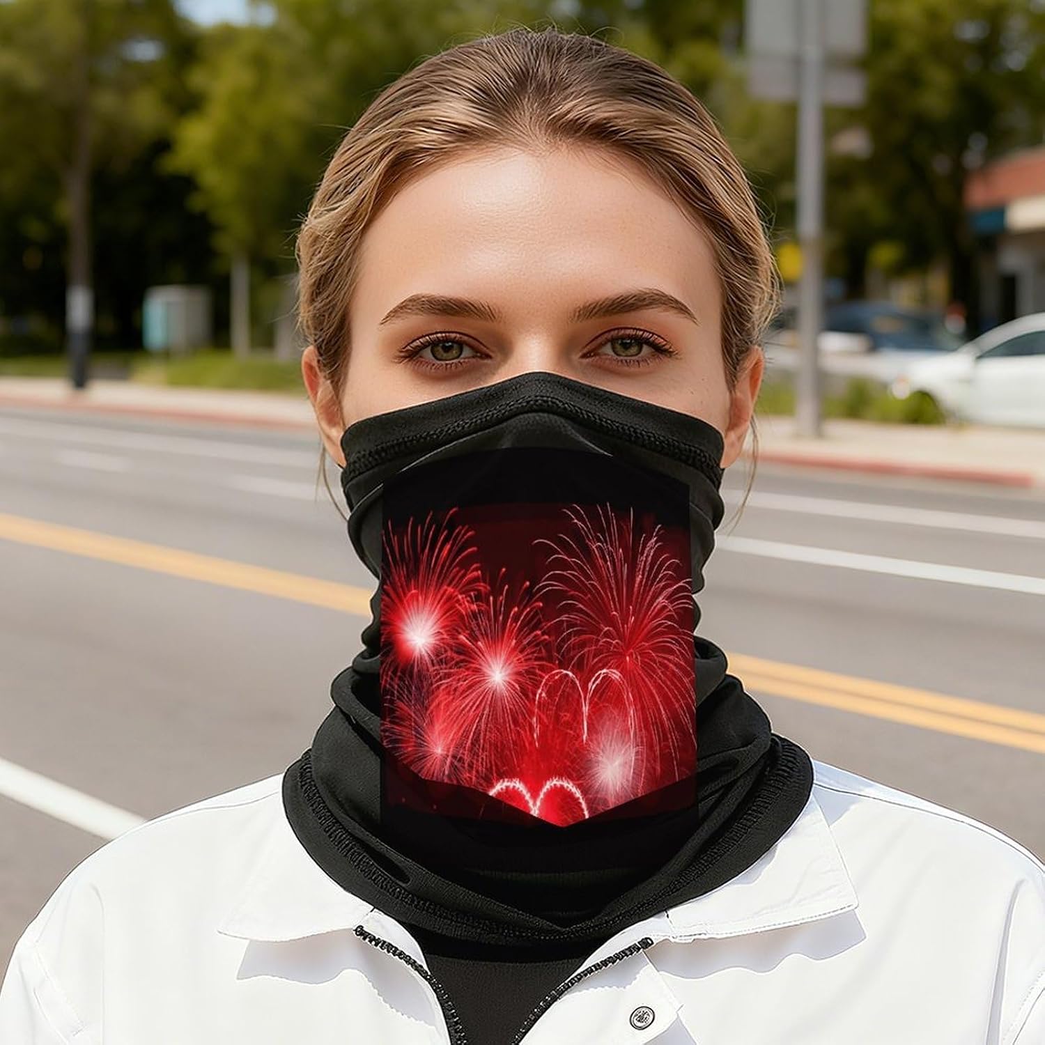 Red Hearts Fireworks Face Mask for Men Women,Neck Gaiter Sunscreen Breathable,Face Cover for Skiing Fishing Hiking Cycling
