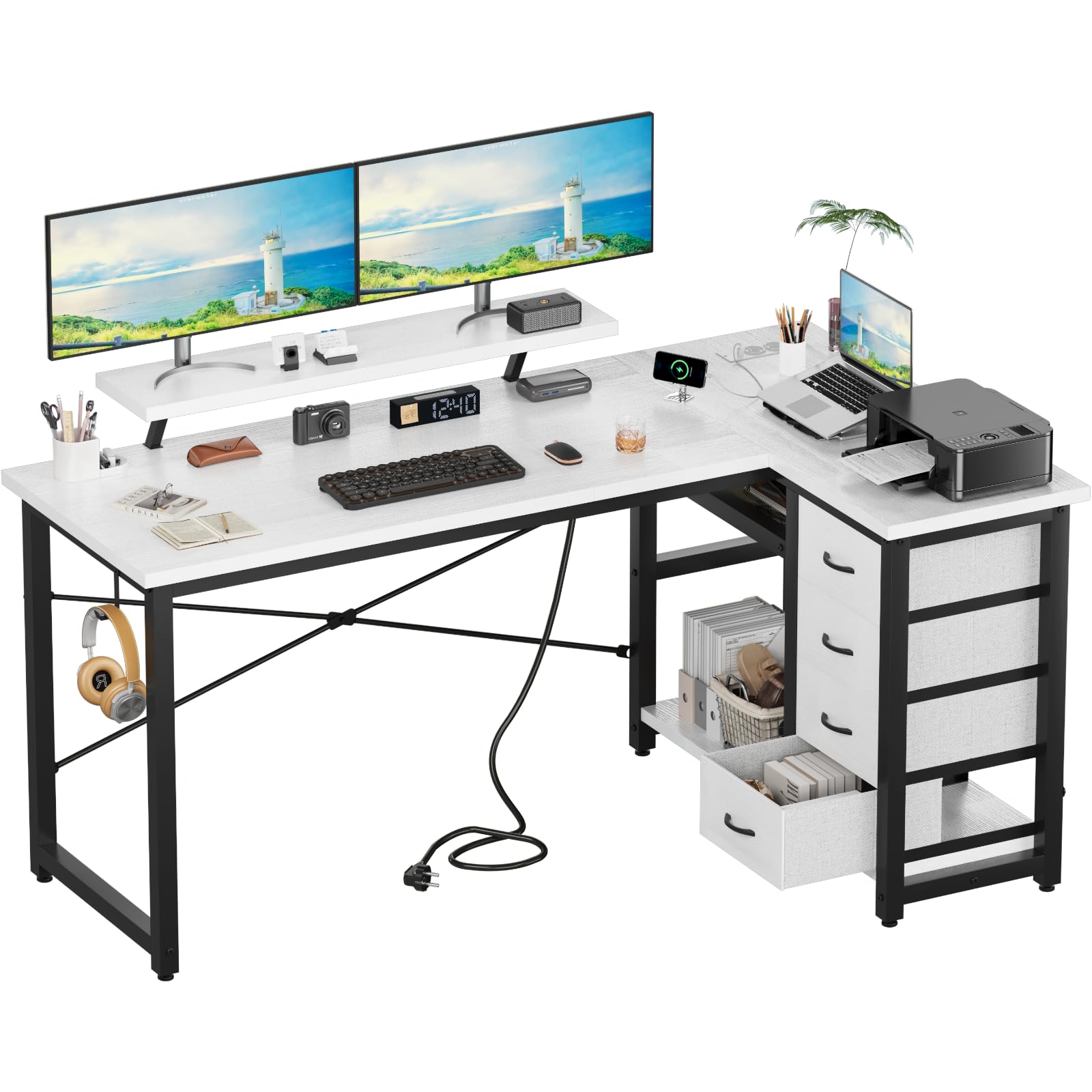 Devoko Bureau d'angle 160 x 80 cm, Bureau en L avec 4 Tiroirs,1 Port USB + 1 Port Typ-C et 2 Prise de Courant, Table Réversible avec Support d'écran pour Travail à Domicile, Blanc