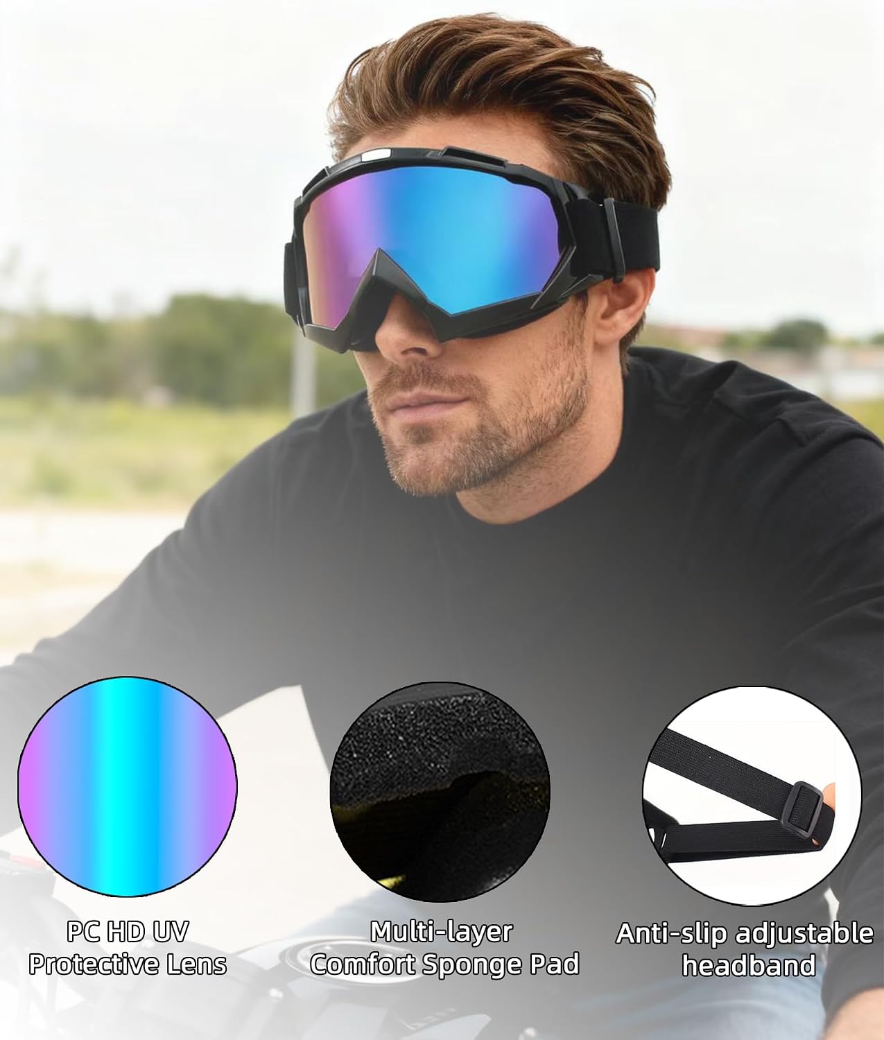 2 Pcs Motorcycle Goggles Dirt Bike Goggles 2 Pack Neck Breathable Bandana Mask Ski ATV Riding Motocross Glasses