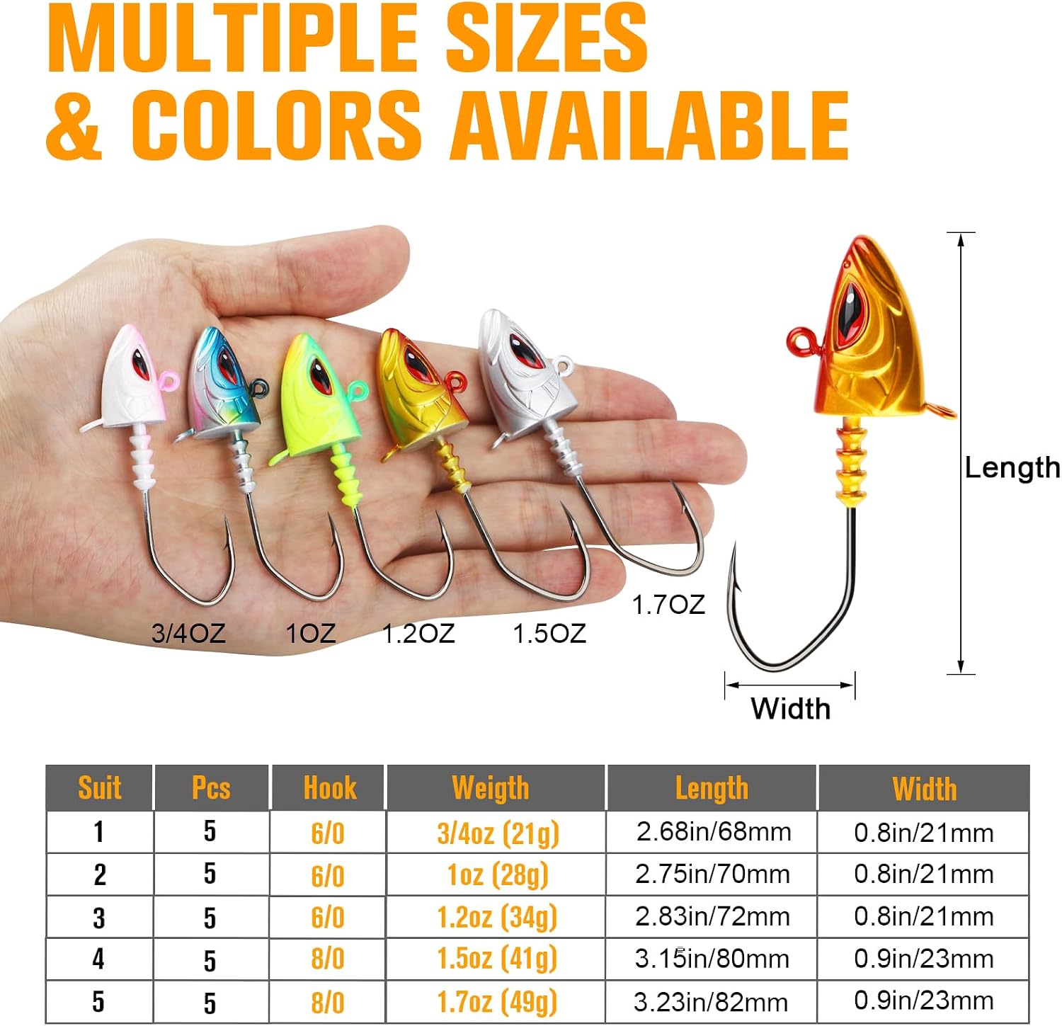 5 Pcs Saltwater Jig Heads for Fishing 3X Strong Fishing Lures Jigs Hooks with 3D Eye, 3/4oz to 1-3/4oz Swimbait Jighead for Inshore Offshore Sea bass Snapper Striper
