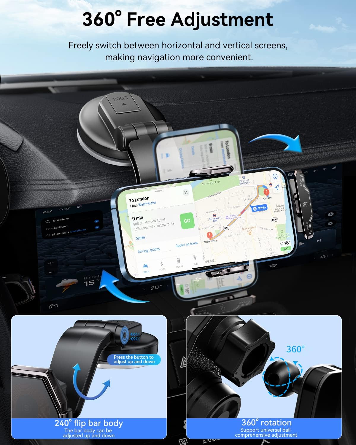 Diagram illustrating 360-degree rotation and flip bar adjustment