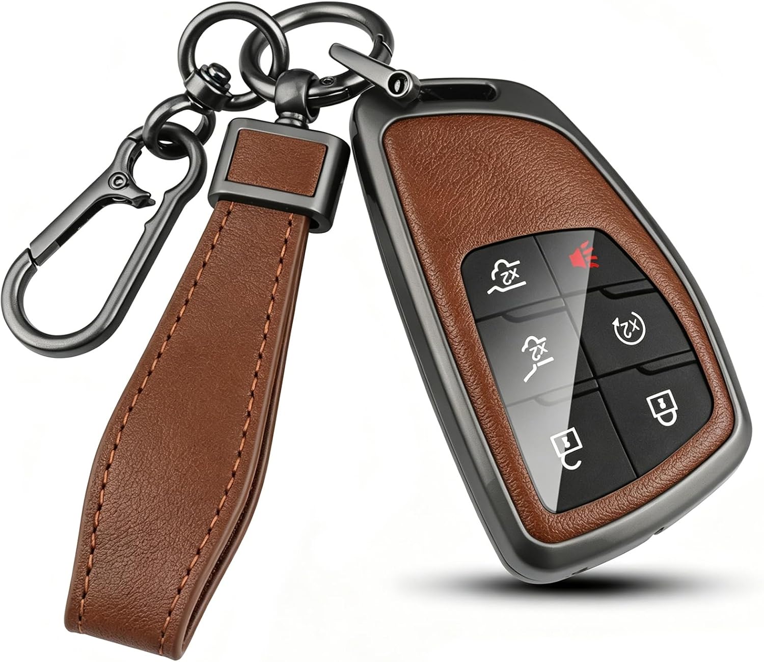for Chevy PU Leather Key Fob Cover,3/4/5/6 Button Heavy Car Key Case for Chevy GMC Suburban Tahoe Yukon Denali Sierra Silverado 2500HD 3500HD Buick Envision Avenir Key fob Cover(Black--Brown)