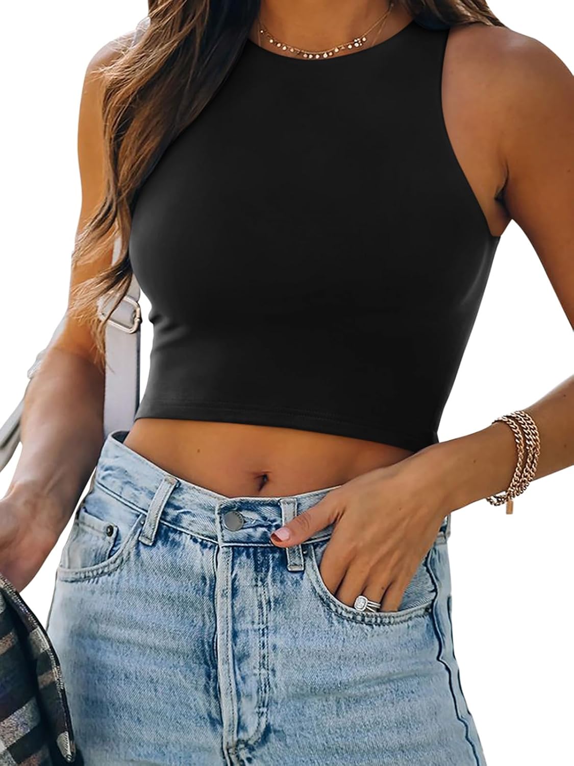 REORIA Women’s Sexy Sleeveless Racer Back Tank Tops Halter Neck Crop Tops