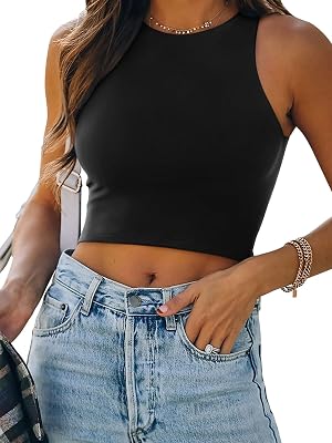 REORIA Womens Sexy Sleeveless Racer Back Tank Tops Halter Neck Crop Tops