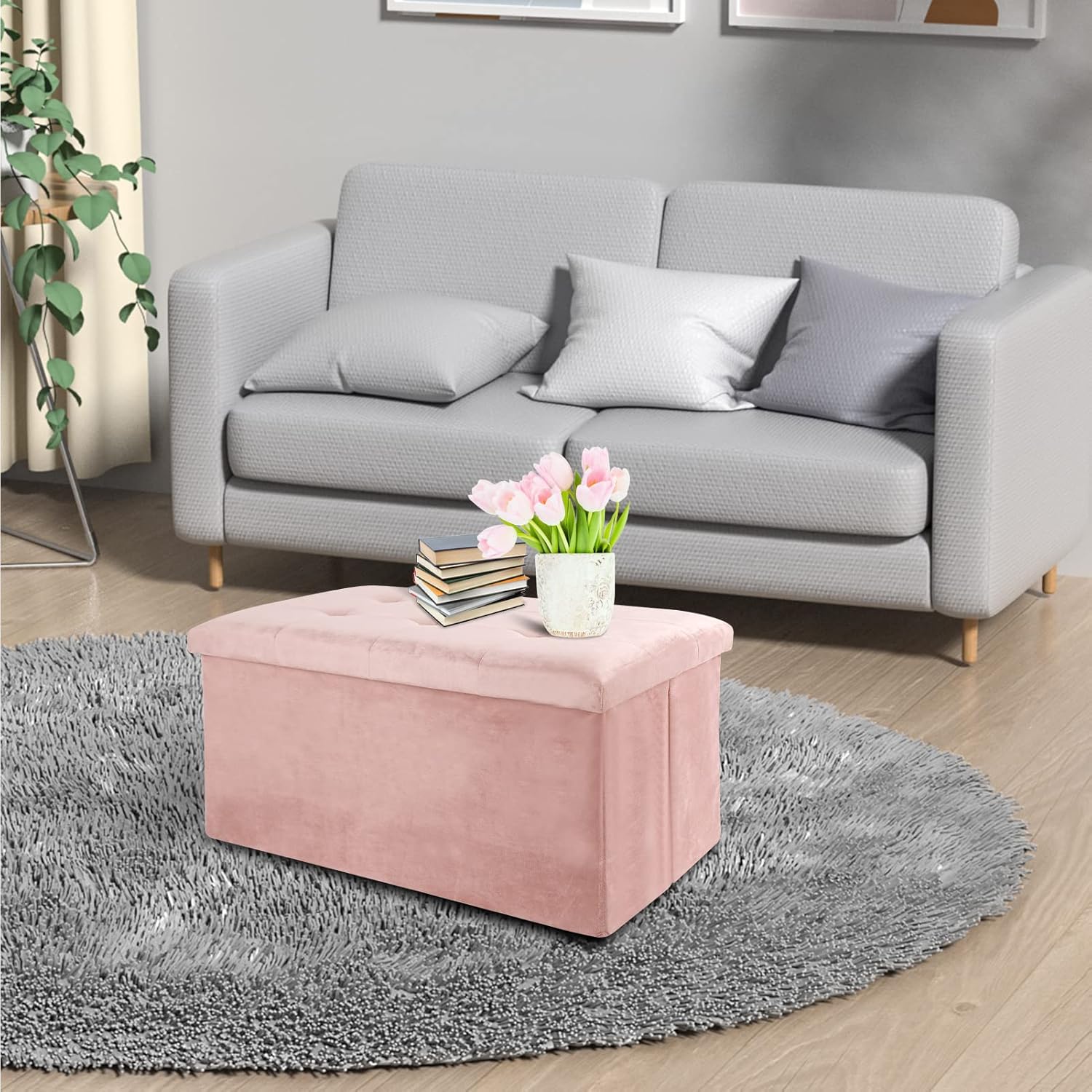ECOMEX Storage Ottoman Cube,Velvet Tufted Folding Ottomans with Lid, Folding Small & Medium Ottoman Foot Rest with Storage for Bedroom,Light Pink 2pcs