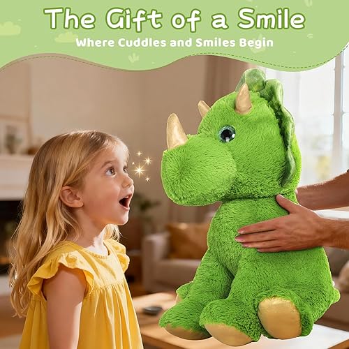 Miniatura 5 de Muiteiur Triceratops - Animal de peluche gigante de dinosaurio para mamá con 3 bebés pequeños, juguete de dinosaurio de felpa suave verde, regalo